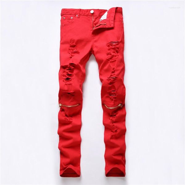 Jeans masculino Drop vermelho branco preto jeans rasgado na altura do joelho com zíper biker masculino magro magro jeans rasgado jeans de algodão feminino