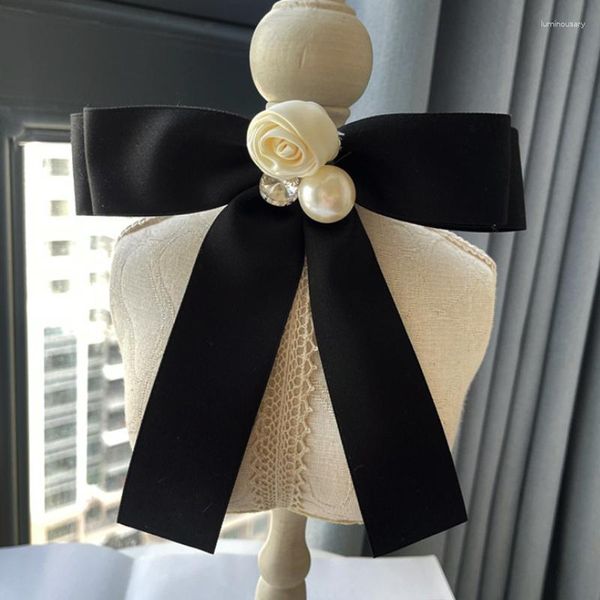 Broches moda fita laço para mulheres tecido flor cristal pérola camisa colar alfinetes festa de casamento gravatas acessórios
