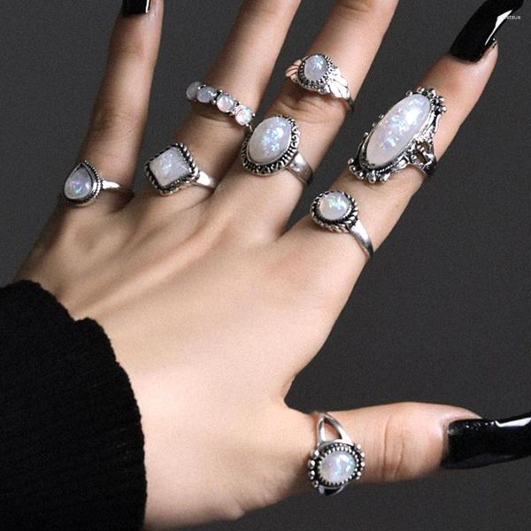 Cluster Rings Bohemian 8pcs / set Vintage Crystal Stone Wedding Ring per le donne BOHO Geometric Drop Shape Female Finger Set Jewelry