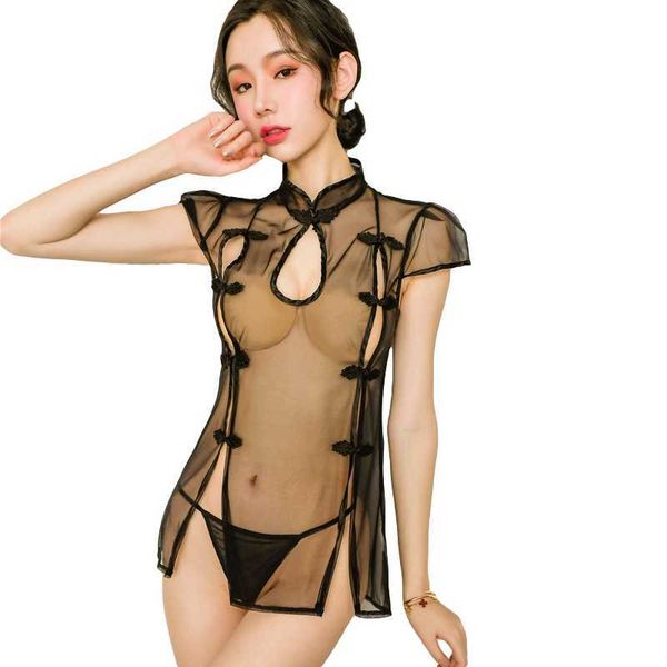 Kadın Sweetwear Nighties Dantel Gece Elbise Yuvarlak boyunlu iç çamaşırı elbise See-Then-Through Femme Nightwear Seksi Sıcak Erotik Cheongsam L230626