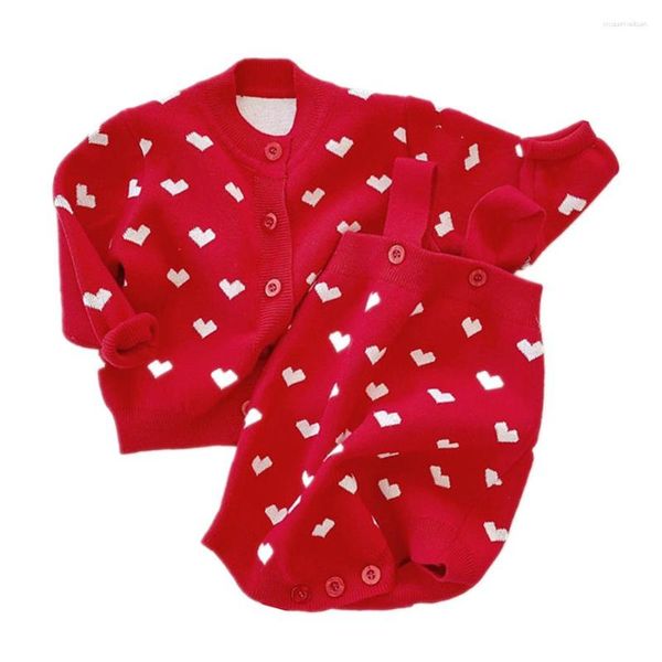 Set di abbigliamento Natale Rosso Bambina Cardigan Pagliaccetto Cuore Giacca invernale calda Cotone 3 6 9 12 18 24 Mesi Vestiti nati OBS214863