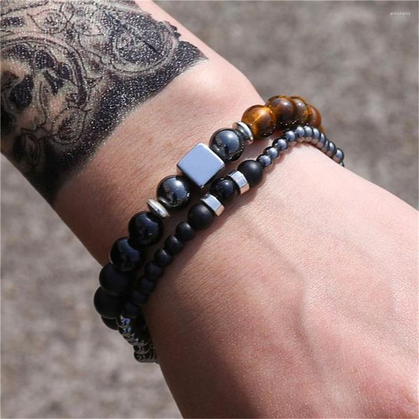 Strand Luxus 2PC 8mm Tigerauge Herren Armband 4mm Mattierter Stein Fashion Square Party Energie Freund Jubiläumsgeschenk