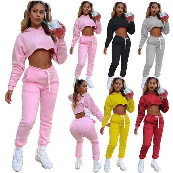 Conjunto de 2 calças femininas de duas peças com capuz, terno esportivo, blusa de lã rosa, conjuntos combinando para mulheres, roupas esportivas MT259