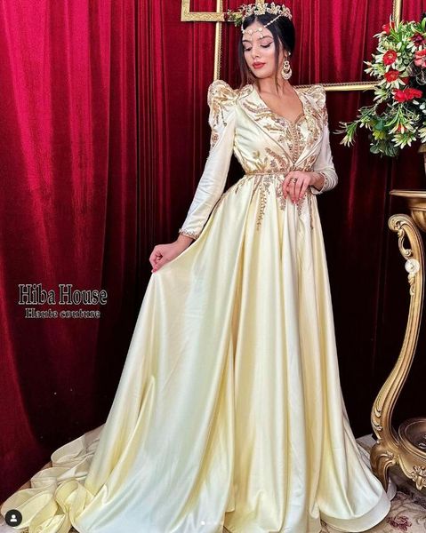 Dzfashion Daffodil Algerienne Caftan Prom Occasion Dresses Manica lunga Ricami in oro Macchia Abiti da sera musulmani arabi