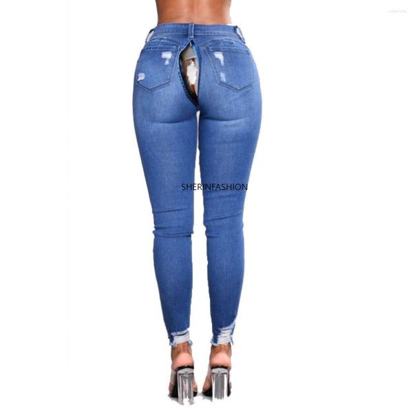 Calça Jeans Feminina Zíper Invisível Abertura na Virilha Feminina Rasgado Namorado Ajuste Justo Desgastado Calça Jeans Elástica Desgastada Sexo Ao Ar Livre Conveniente