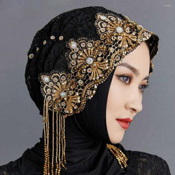 Roupas étnicas muçulmanas hijabs turbantes para mulheres luxo bordado islâmica underscarf bonés renda macia gorro malásia jacquard tassles cabeça