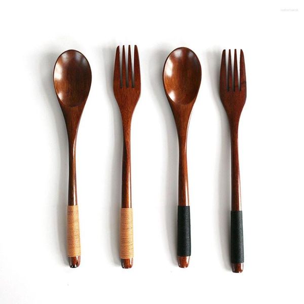 Set di stoviglie 2 pezzi / set Cucchiaio di legno naturale Forchetta Stoviglie occidentali Dessert Frutta Zuppa di riso Grano Fatto a mano per la casa