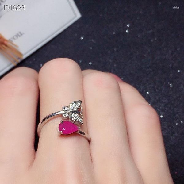 Cluster Rings Fashion Silver Butterfly Ring para meninas 4 mm 6 mm Natural Ruby Solid 925 Presente de aniversário feminino