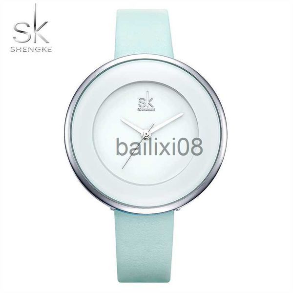 Diğer Saatler Shengke Yeni Sky Blue Deri Strap Ture Kadınlar İzler 38 mm Büyük Marka Basit Dial Dial Quartz Lüks Bayanlar Reloj Mujer J230728