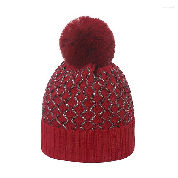 Berets Einfarbig Streifen Pelz Ball Im Freien Warm Halten Frauen Pompom Hut Herbst Winter Curling Beanie Gestrickte