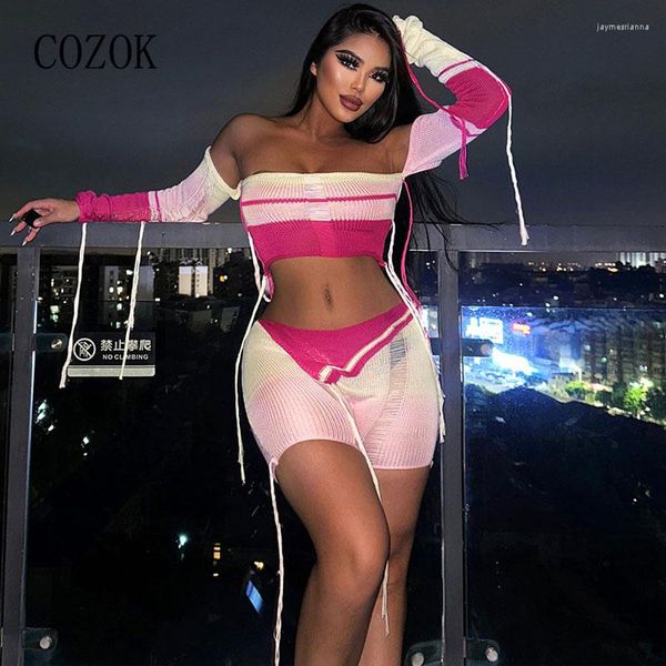 Survêtements pour femmes Y2K tricot évider shorts ensembles femmes sans bretelles à manches longues haut court et Mini 2 pièces ensemble 2023 Sexy Club tenues de vacances