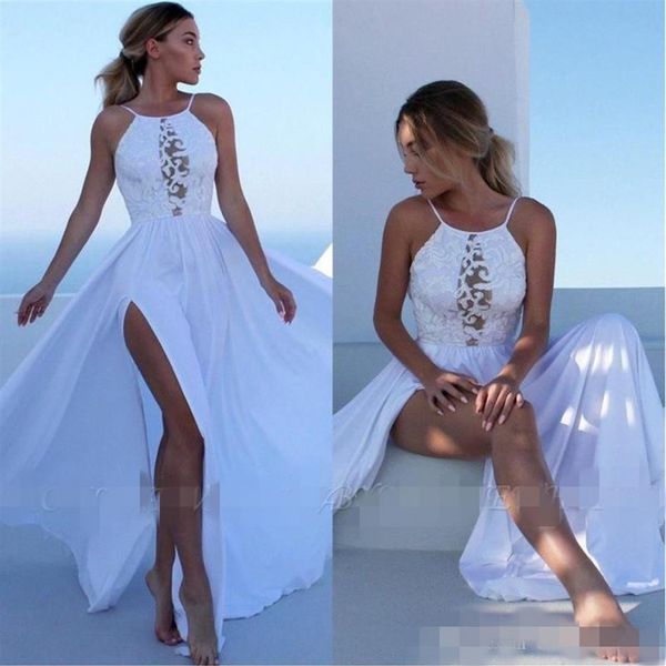 2020 Sexy Beach Wedding Dresses Halter Illusion Corpete fenda lateral alta Dividido Chiffon Boho Sweep Train Renda Applique Wedding Bridal 274N