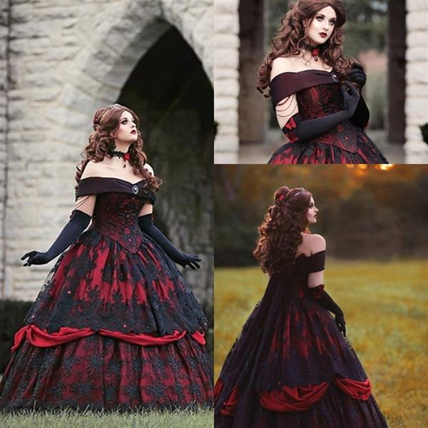 Gothic Belle Red Black Lace Brautkleider Vintage Lace-up Corset Strapless Tiered Beauty Off Shoulder Plus Size Brautkleider284p