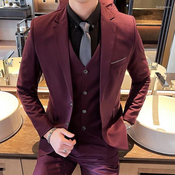 Ternos Masculinos Masculinos Conjuntos Sólidos de 3 Peças Roupas Formais Vestido Noivo Casamento Smoking Slim Fit Baile de Formatura Alta Qualidade Jaquetas Calças Colete 5XL