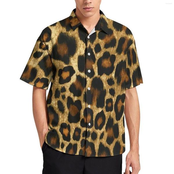 Camisas casuais masculinas elegantes camisa solta de leopardo para homens de férias com estampa de animais padrão Havaí design de manga curta blusas engraçadas de grandes dimensões