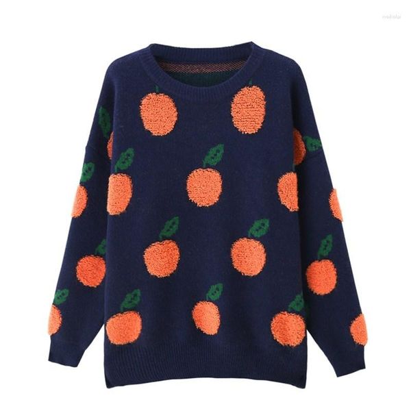 Damenpullover Damenpullover Y2k japanisches orangefarbenes Muster gestrickt übergroße Pullover Winterpullover Tops weiblich Pull Femme