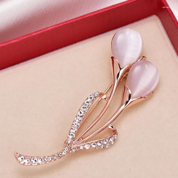 Broches elegantes Opal Tulip Stone Flower Broche Pin Beautiful Strass Roupas Acessórios Corpete Feminino Presentes de Aniversário