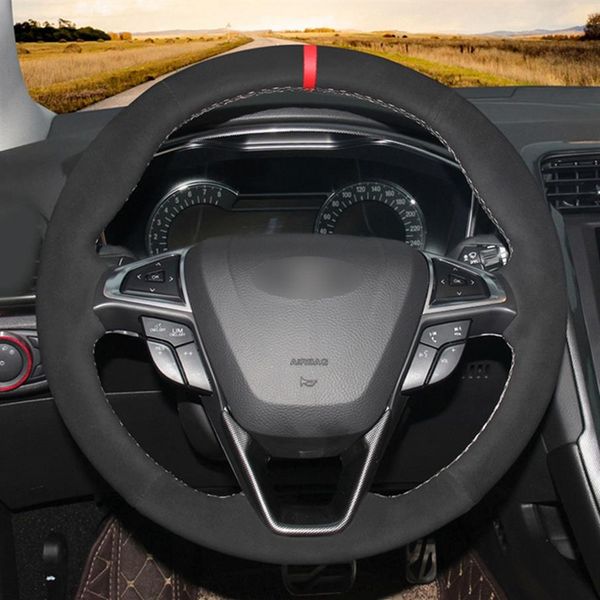 Capa de volante de carro costurada à mão de camurça sintética preta DIY para Ford Mondeo Fusion 2013-2019 EDGE 2015-20192551