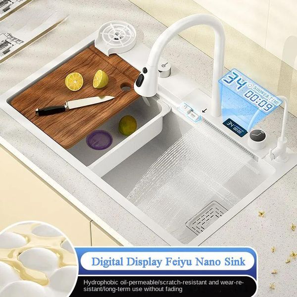 Display digital cachoeira pia de cozinha 304 aço inoxidável nano multifuncional pia lavatório vegetal branco grande tanque único