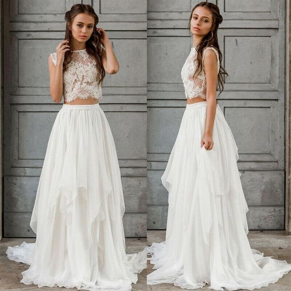 Abito da sposa sexy in due pezzi Boho 2021 Crop Top Chiffon Summer Beach Garden Abiti da sposa Lunghezza pavimento Bohemian Country Bridal Gow2024