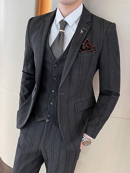 Ternos masculinos (jaqueta colete calça) Marca de alta qualidade Boutique Moda Listrado Formal Terno de negócios Conjunto de três peças Vestido de casamento do noivo