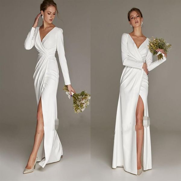 Vestido de noiva simples sereia branco com fenda para mulher com mangas compridas vestido de noiva civil fino decote em v elegante robe de mariage 20271n
