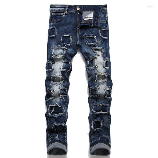 Calça Jeans Masculina Slim Fit Hip Hop Biker Patchwork Calças Denim Rasgadas Calças Longas Punk Rebite Furo Desgastado Roupas Streetwear