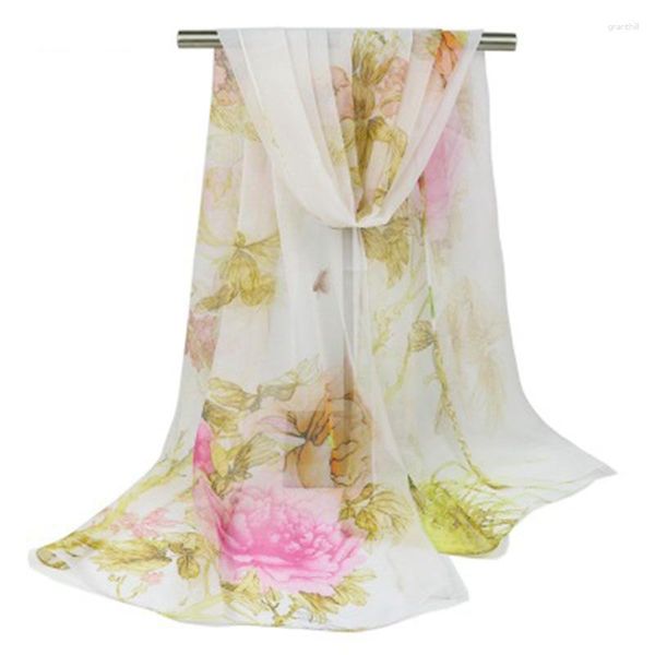 Cachecóis Chiffon Cachecol Primavera Verão Fino Peônia Seda Feminina Flor Estampado Protetor Solar Praia Xales Wraps Foulard Hijab Estolas N52