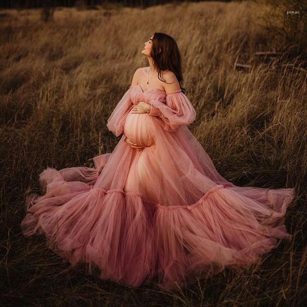 Vestidos Casuais Elegante Malva Tule Maternidade Para Po Shoot Illusion Vestidos de noiva com babados Pography Babyshower Wear