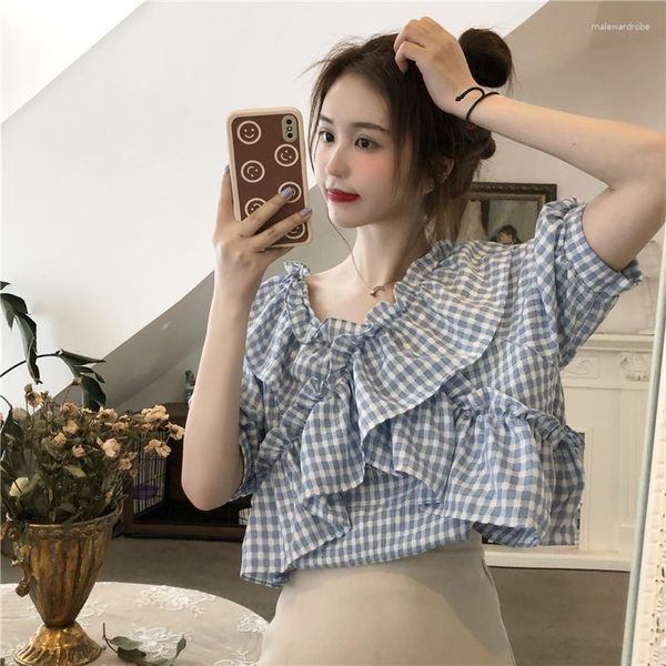 Magliette da donna Summer Ruffles Plaid Chiffon Fairycore Camicia temperamento francese Moda donna Scollo a V Manica corta Allentato Preppy Casual Top