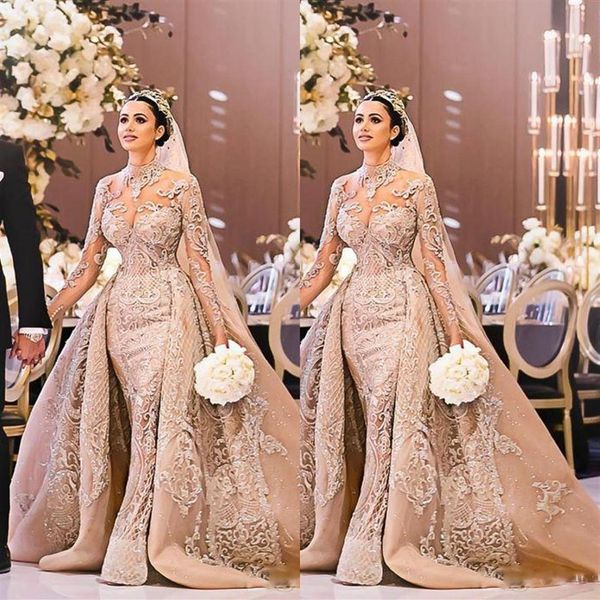 Abiti da sposa a sirena con perline di lusso arabo 2020 collo alto manica lunga illusione treno staccabile abiti da sposa Abendkleider291p