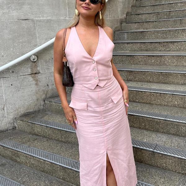 Casual Kleider Frau Süße Rosa Leinen V-ausschnitt Tank Kleid 2023 Frühling Weibliche Elegante Solide Ärmellose Lange Chic Event