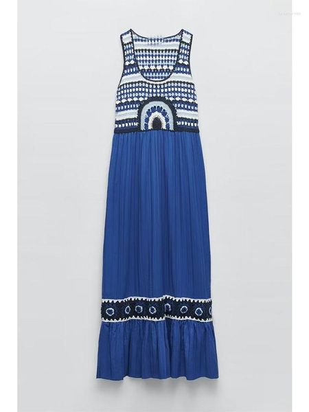Vestidos casuais verão 2023 feminino estilo étnico retrô azul crochê emendado decote quadrado vestido longo de malha sem mangas