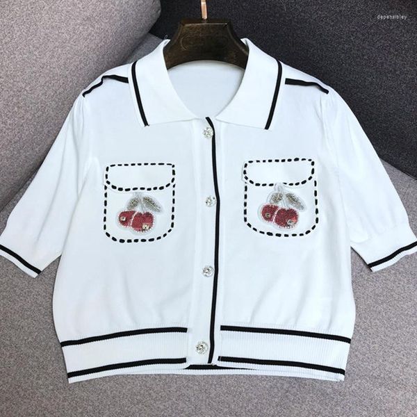 Maglia da donna High Street Embroidery Diamond Cherry Top a contrasto T-shirt Primavera/Estate 2023 Cardigan lavorato a maglia a maniche corte con collo POLO