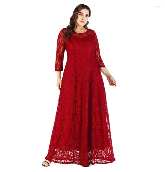 Vestidos Casuais Maxi Para Mulheres 2023 Plus Size Vestido de Noite Feminino Manga Três-Quartos Saia Longa Oriente Médio Swing Roupas de Renda