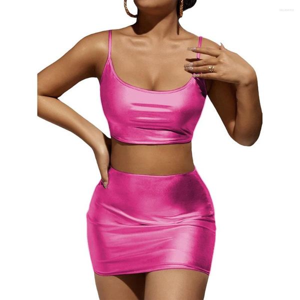 Vestidos de Trabalho Feminino Conjuntos de Saia de 2 Peças Sexy Brilhante Metálico Regata Sem Manga Crop Top E Cintura Alta Lápis Mini Saias Clube Noite de Verão