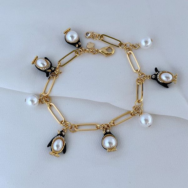 Bracciali Real 18K Gold Plated Pearl Penguin Chain Bracciale Gioielli Lettera regalo di nozze all'ingrosso con sacchetto per la polvere gratuito