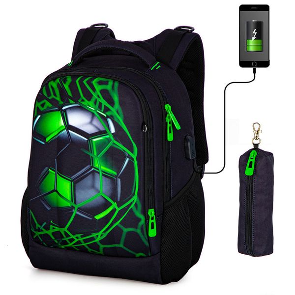 Mochilas Escolares Mochilas Escolares Ortopédicas Para Meninos 3D Futebol Mochilas Estudantes Carregamento USB Multifuncional Bagpack Adolescentes Mochilas 230729