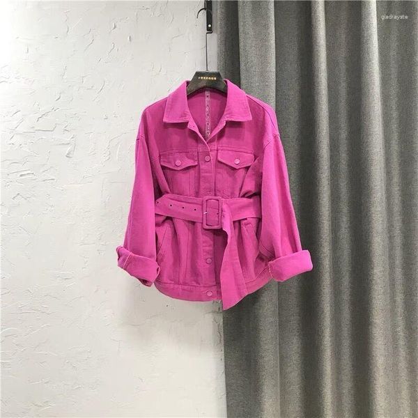 Damenjacken 2023 Koreanische Modejacke Herbst Gürtel Asymmetrische lose und schlanke Rose Rosa Jean Mantel Top Weibliche Kleidung