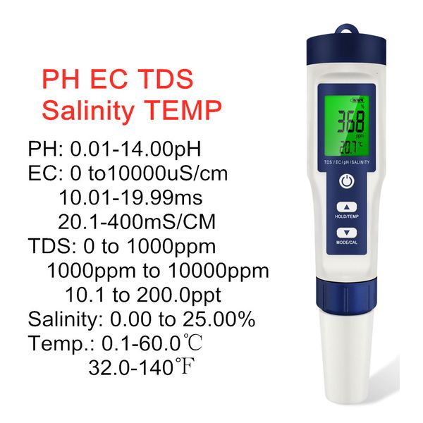 Medidores de PH 5 em 1 Digital PH TDS EC Medidor Salinidade Temperatura Tester Condutividade Filtro de Água Caneta de Pureza com luz de fundo 50% de desconto 230731