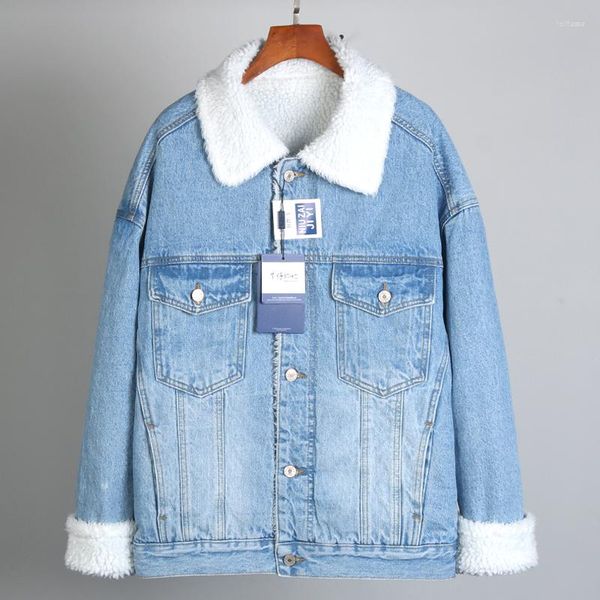 Damenjacken 2023 Winter gewaschene hellblaue Jeansjacke Lässige lose einreihige Langarm-Faux-Lammwolle Plüschfutter Denim