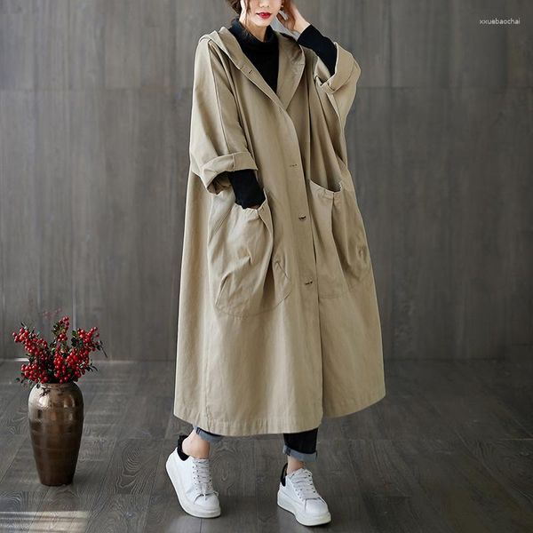 Gabardinas femininas primavera outono casaco médio longo mulher 2023 roupas femininas coreanas de peito único casaco grande bolso cáqui blusão