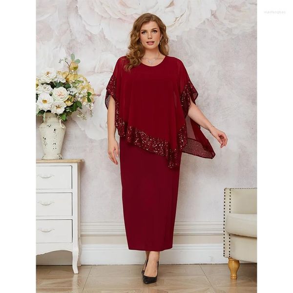 Vestidos Plus Size Vinho Vermelho Decote Redondo Lantejoulas 4XL 5XL Vestido Moda Design Irregular Midi Elegante Mulheres Grandes Chiffon Dreees