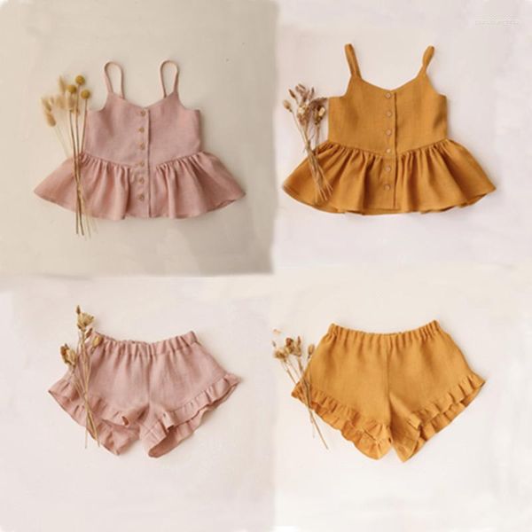 Kleidung Sets 2023 Sommer Mädchen Kleidung Set Leinen Baumwolle Sling Petticoat Tank Top Vier Cornered Rüschen Rand Shorts Baby Tragen