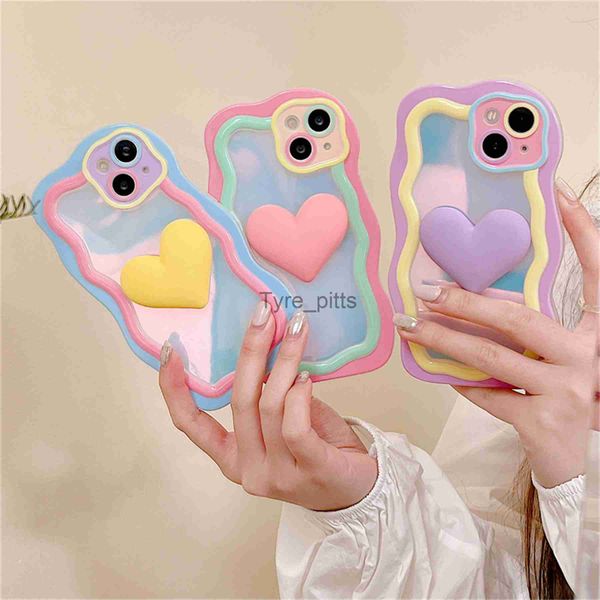 Custodie per cellulari Cute Korean Candy Color 3D Love Heart Contrast Color Custodia irregolare ondulata per iPhone 14 13 12 11 Pro Max Kawaii Cover antiurto x0731