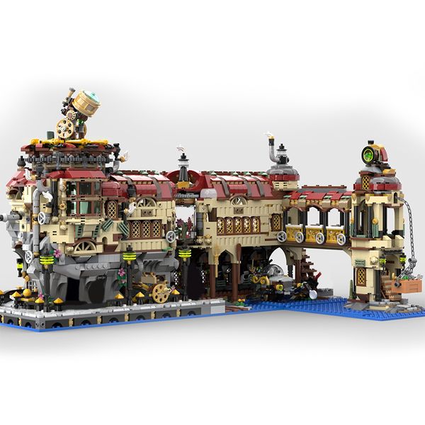 Blöcke Steampunk Wissenschaft Dampfbetriebene Maschine Block Set ganze Straße hohe Gebäude Modul Ziegel Kinder Weihnachtsgeschenk 230731