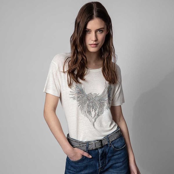 Zadig Voltaire designer camiseta Phoenix asas de linho de perfuração quente em torno do pescoço T-shirt feminina de manga curta tops polos