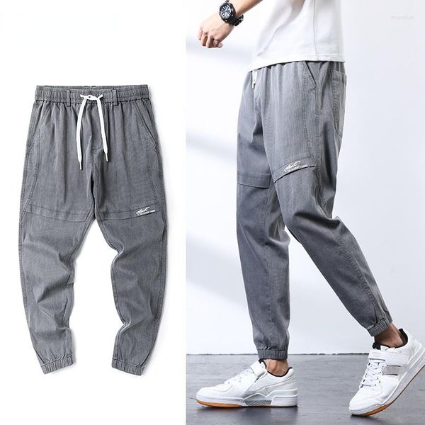 Jeans masculino 2023 verão algodão casual folgado jeans jogging calças streetwear cinza claro