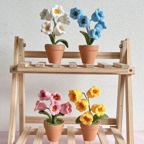 Flores decorativas em vasos de plantas tricotadas à mão mini potes de crochê de longa duração fáceis de limpar para decoração de casa