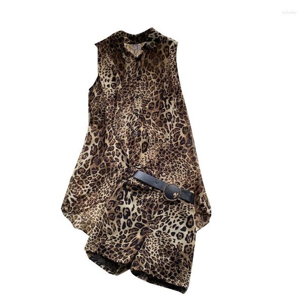 Frauen Zwei Stück Hosen Leopard Print Set Frauen Sommer Anzug Unregelmäßige Lange Shirts Tops Hohe Taille Shorts 2 Sets vetement Femme 2023